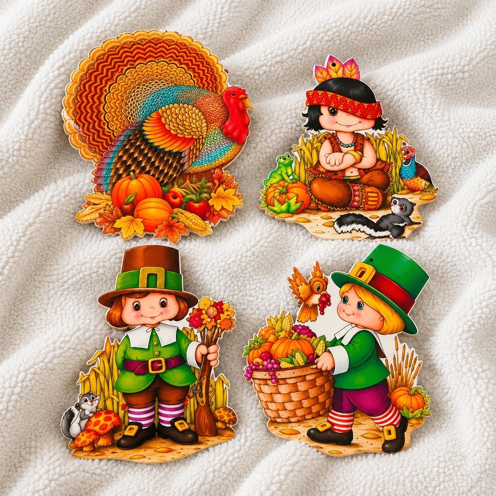 VTG 1970s‎ Beistle Thanksgiving Cardboard Cutouts Lot Turkey Pilgrim Fall Decor
